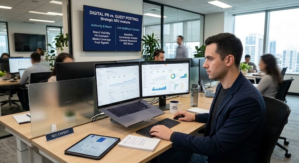 SEO strategist comparing digital PR and guest posting results on two monitors