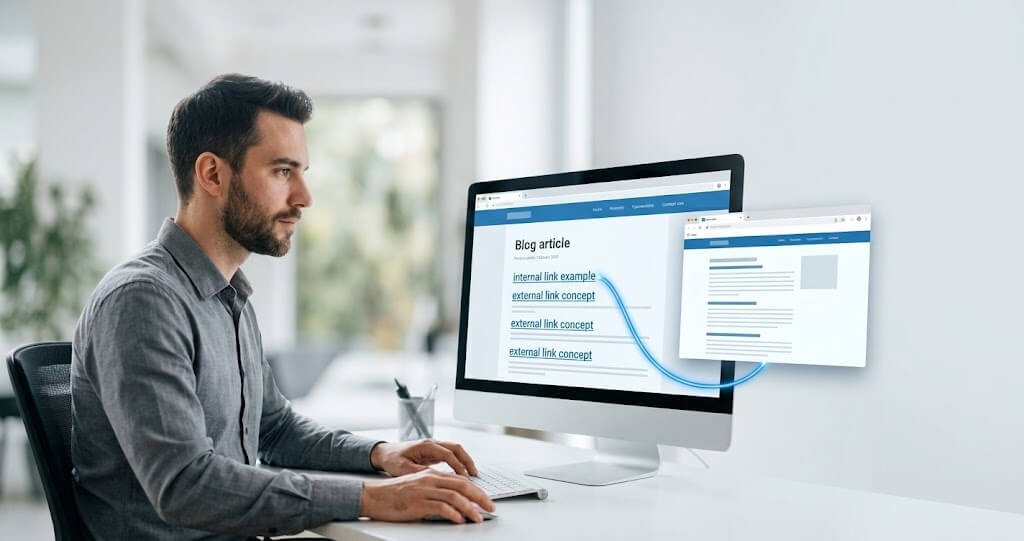 SEO specialist reviewing blog article with highlighted anchor text links connected to another webpage