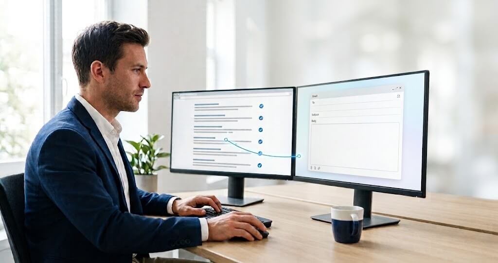 Content marketer researching websites for guest posts and drafting an outreach email on two monitors